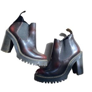 Dr. Martens Hurston Cherry Red Black Arcadia Leather Chunky Heeled Chelsea boot
